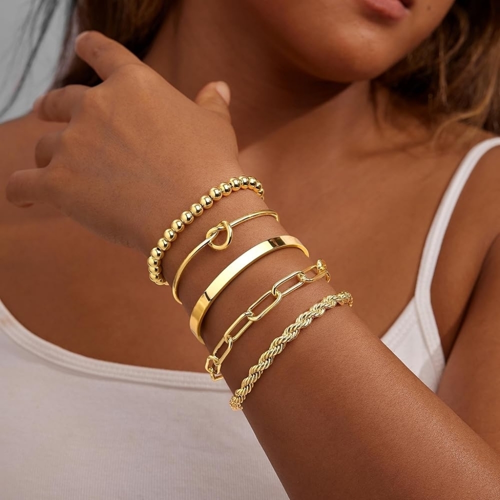 Stackable 14K Gold Plated Bracelet Set Non Tarnish - Picture 2 of 5